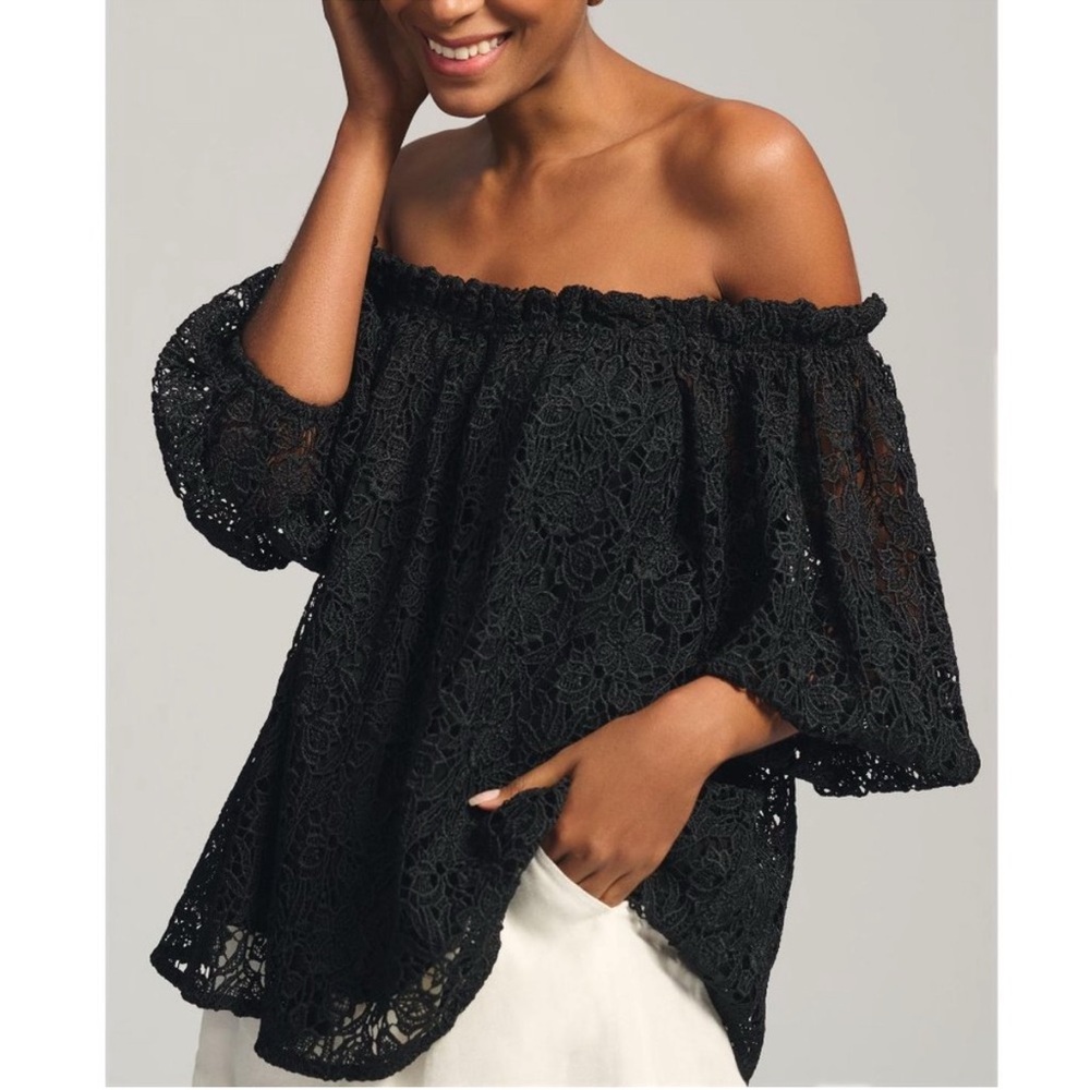 Anthropologie Black Lace Off-Shoulder Blouse